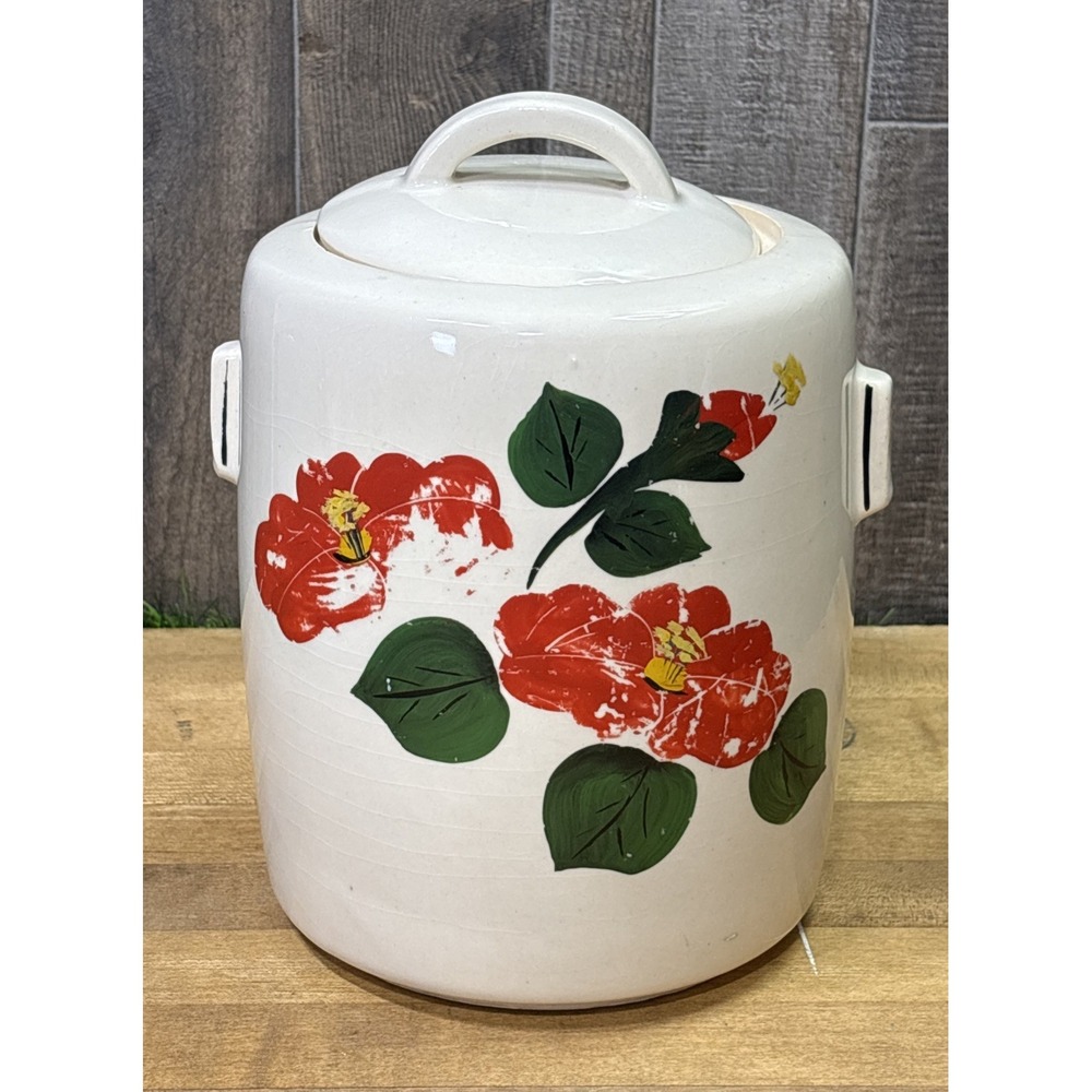 Vintage McCoy Pottery Cookie Jar Red Floral Hand Painted MCM Lidded Signed